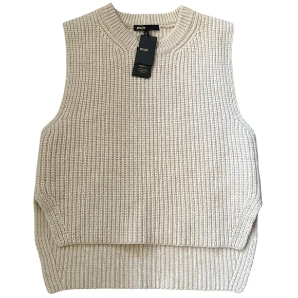 Maje Made in Italy Ribbed Split-Hem Wool Vest Beige Size 0 NWT