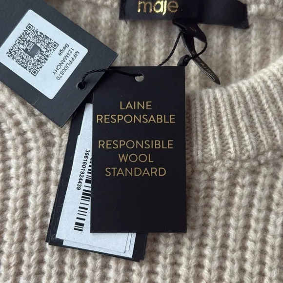 Maje Made in Italy Ribbed Split-Hem Wool Vest Beige Size 0 NWT