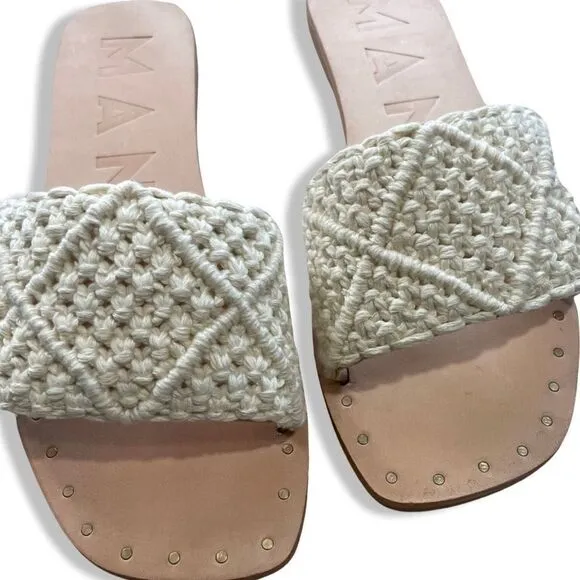 MANEBI Los Angeles Woven Sandals, Cream And Brown, Size 38