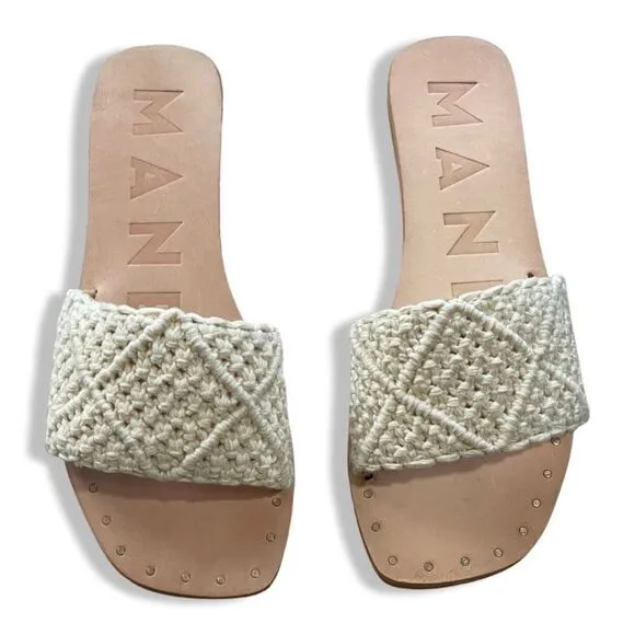 MANEBI Los Angeles Woven Sandals, Cream And Brown, Size 38
