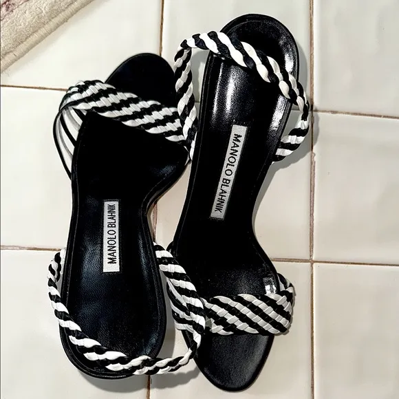 Manlo Blahink black and white woven sandals heels size 6 1/2 3 1/2 inch heel
