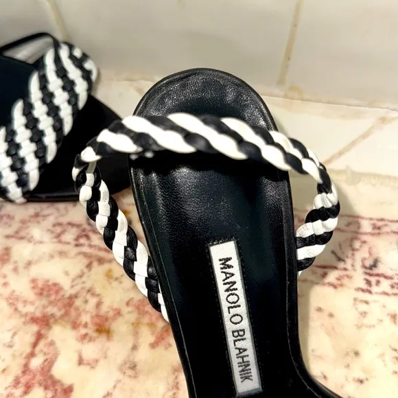 Manlo Blahink black and white woven sandals heels size 6 1/2 3 1/2 inch heel