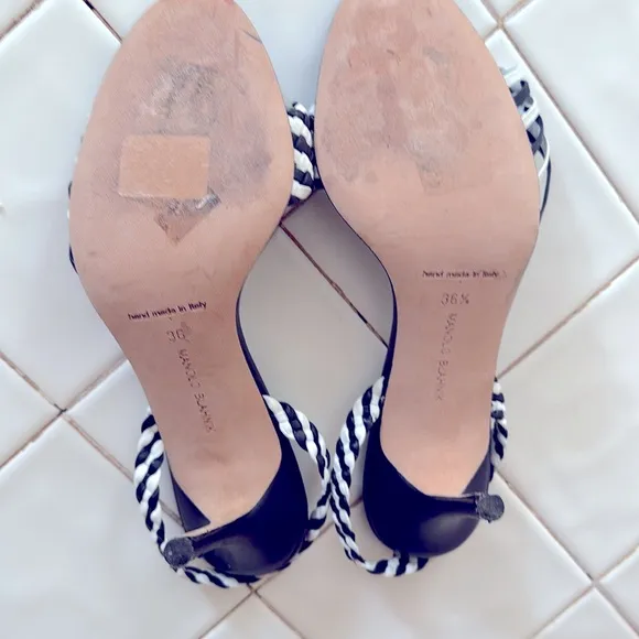 Manlo Blahink black and white woven sandals heels size 6 1/2 3 1/2 inch heel