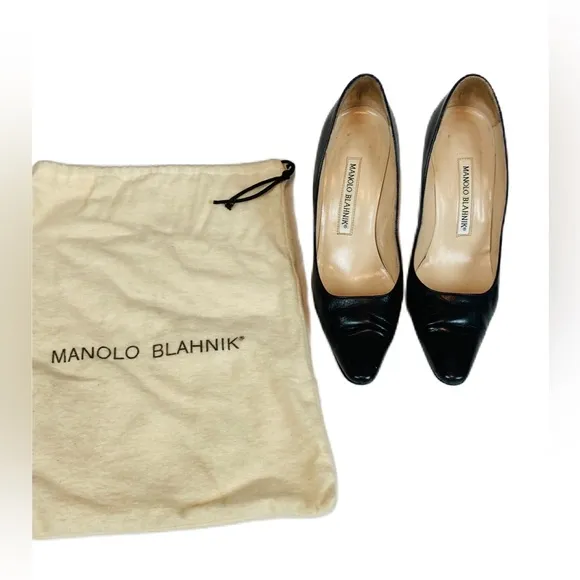 MANOLO BLAHNIK black leather heels, size 5 1/2, with original duster