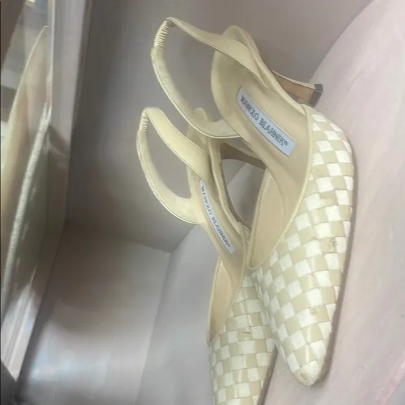Manolo Blahnik Cream Textured Heels with Buckle Strap
