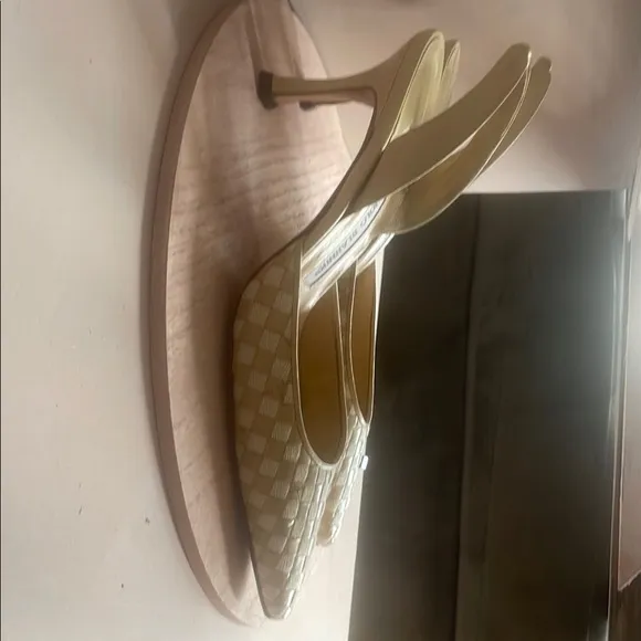 Manolo Blahnik Cream Textured Heels with Buckle Strap
