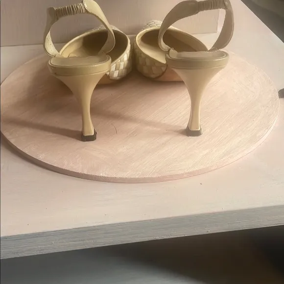 Manolo Blahnik Cream Textured Heels with Buckle Strap