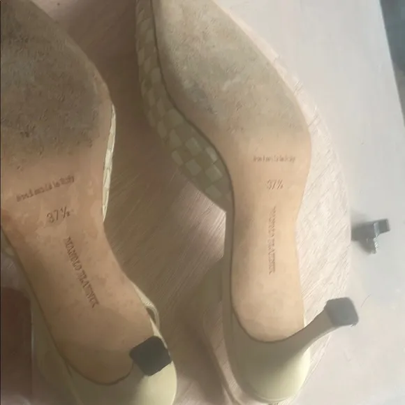 Manolo Blahnik Cream Textured Heels with Buckle Strap