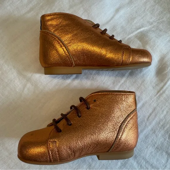Manuela de Juan Metallic Bronze Baby Shoes Lace Up Booties