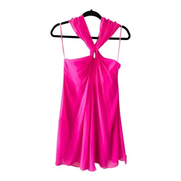 Mara Hoffman Woven Silk Twist Halter Mini Dress In Hot Pink 2