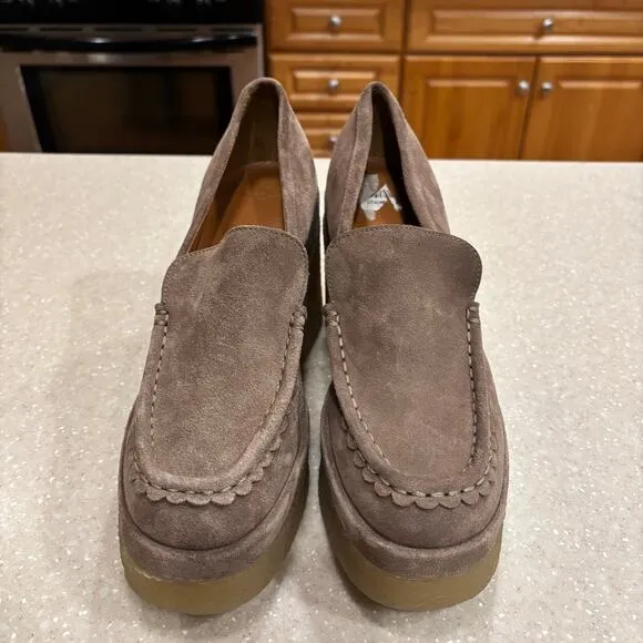 Marc Fisher Lina Women's 8.5M Taupe Suede Platform Heeled Loafer Chunky Shoes