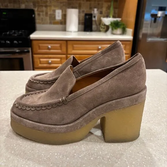 Marc Fisher Lina Women's 8.5M Taupe Suede Platform Heeled Loafer Chunky Shoes