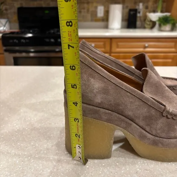 Marc Fisher Lina Women's 8.5M Taupe Suede Platform Heeled Loafer Chunky Shoes