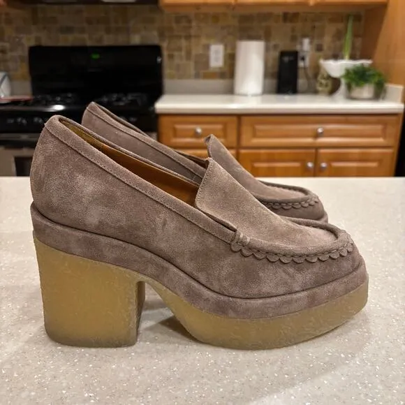Marc Fisher Lina Women's 8.5M Taupe Suede Platform Heeled Loafer Chunky Shoes