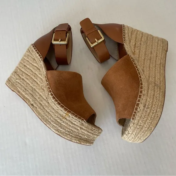 MARC FISHER Womens Brown 2&quot; Platform Adalyn Wedge Leather Espadrille Sandals 9