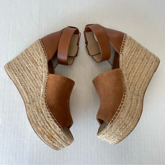 MARC FISHER Womens Brown 2&quot; Platform Adalyn Wedge Leather Espadrille Sandals 9