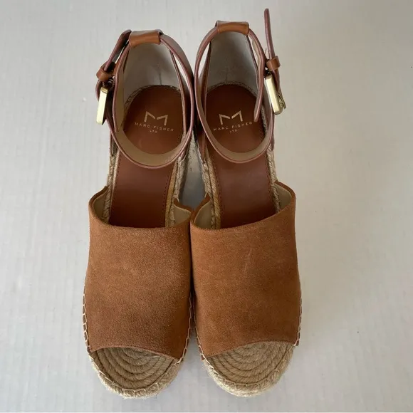 MARC FISHER Womens Brown 2&quot; Platform Adalyn Wedge Leather Espadrille Sandals 9