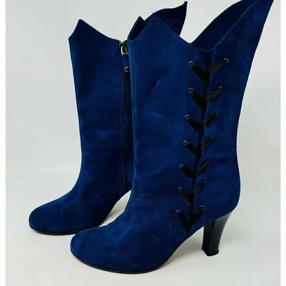 Marchez Vous Ladies Blue Suede Heeled Boots Size 8 Made in Italy Vero Cuoio