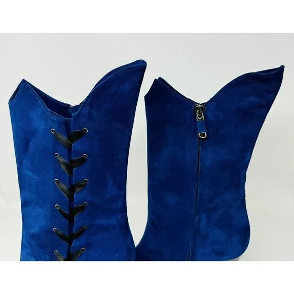 Marchez Vous Ladies Blue Suede Heeled Boots Size 8 Made in Italy Vero Cuoio