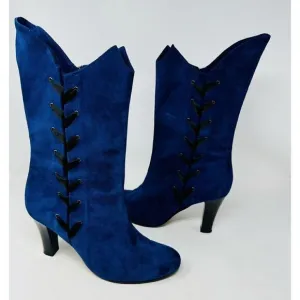 Marchez Vous Ladies Blue Suede Heeled Boots Size 8 Made in Italy Vero Cuoio