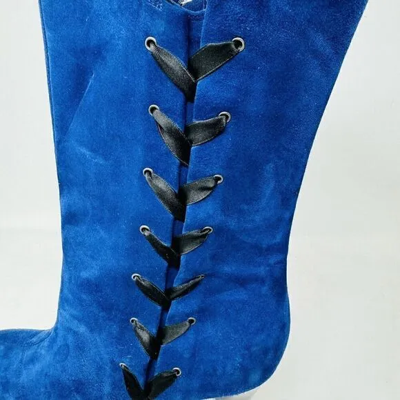 Marchez Vous Ladies Blue Suede Heeled Boots Size 8 Made in Italy Vero Cuoio