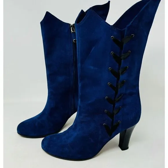 Marchez Vous Ladies Blue Suede Heeled Boots Size 8 Made in Italy Vero Cuoio