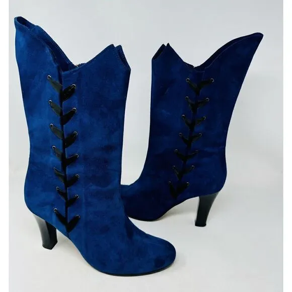 Marchez Vous Ladies Blue Suede Heeled Boots Size 8 Made in Italy Vero Cuoio