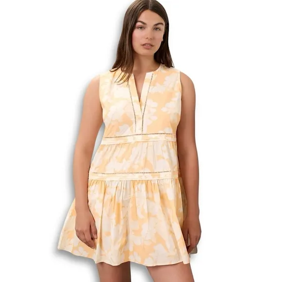 Marissa Webb Pale Peach/White Floral Cotton Sleeveless V neck Mini Dress Sz L