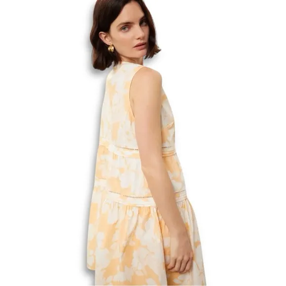 Marissa Webb Pale Peach/White Floral Cotton Sleeveless V neck Mini Dress Sz L