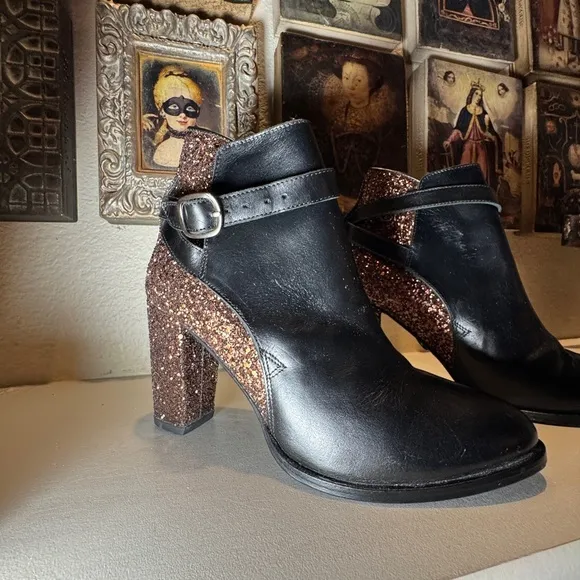 Markus Lupfer Ankle Black Leather and Bronze‎ Glitter Boots EU Size 37