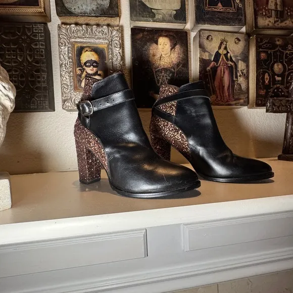 Markus Lupfer Ankle Black Leather and Bronze‎ Glitter Boots EU Size 37