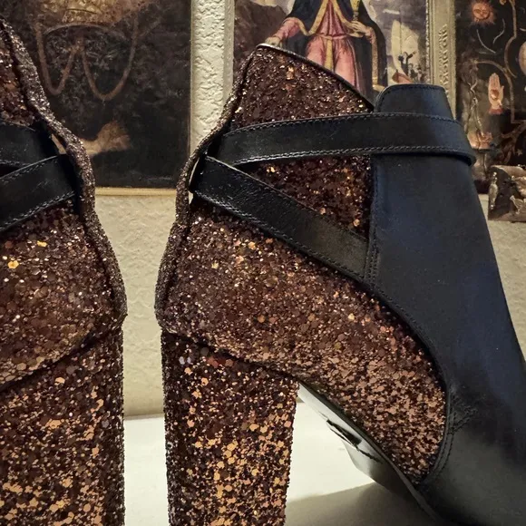Markus Lupfer Ankle Black Leather and Bronze‎ Glitter Boots EU Size 37
