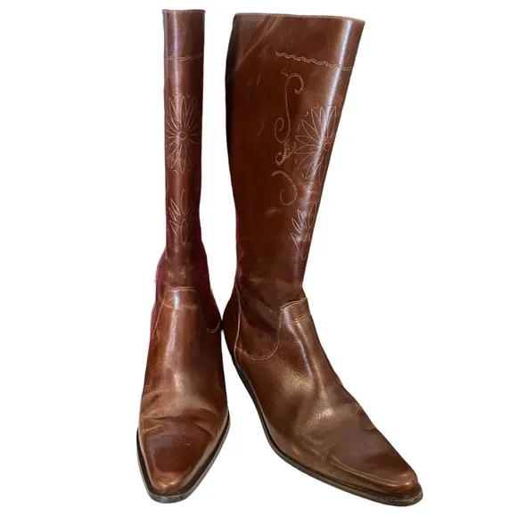 Matisse Brown Etched Leather 1.5” Black Heel Pointed Toe Cowboy Boots Zip 7M