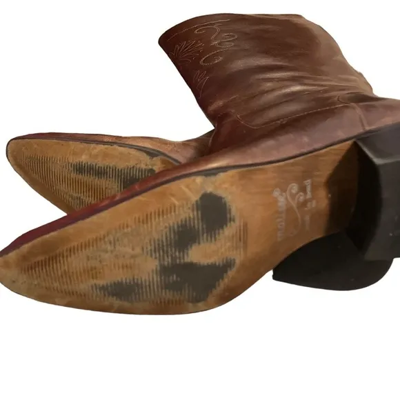 Matisse Brown Etched Leather 1.5” Black Heel Pointed Toe Cowboy Boots Zip 7M