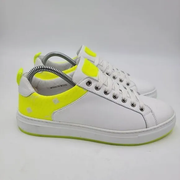 MCM Women's $520 White Neon Yellow Visetos Low Top Sneakers Shoes US 8.5 EU 39
