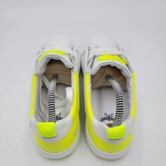 MCM Women's $520 White Neon Yellow Visetos Low Top Sneakers Shoes US 8.5 EU 39