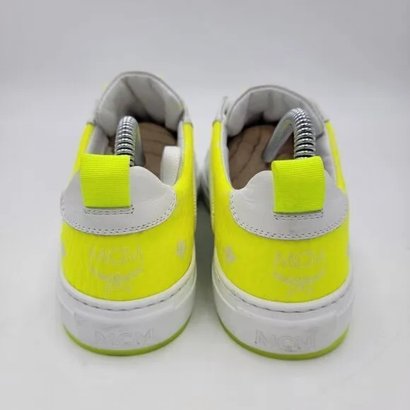 MCM Women's $520 White Neon Yellow Visetos Low Top Sneakers Shoes US 8.5 EU 39