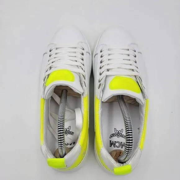MCM Women's $520 White Neon Yellow Visetos Low Top Sneakers Shoes US 8.5 EU 39