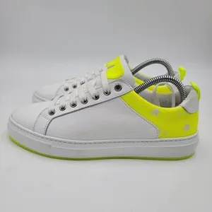 MCM Women's $520 White Neon Yellow Visetos Low Top Sneakers Shoes US 8.5 EU 39