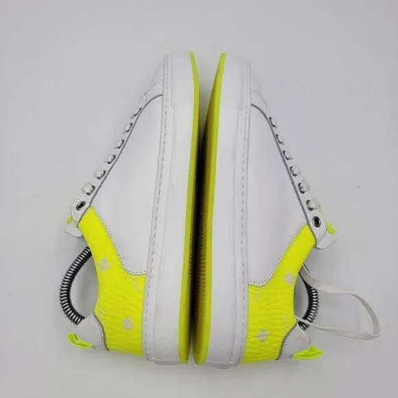 MCM Women's $520 White Neon Yellow Visetos Low Top Sneakers Shoes US 8.5 EU 39
