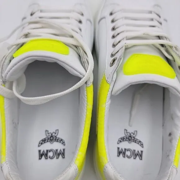 MCM Women's $520 White Neon Yellow Visetos Low Top Sneakers Shoes US 8.5 EU 39