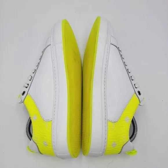 MCM Women's $520 White Neon Yellow Visetos Low Top Sneakers Shoes US 8.5 EU 39