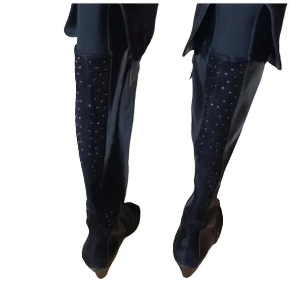 MELIN ITALY Knee High Boots Sz 36 BUTTERY LEATHER Cuffed Suede Studs Side Zipper