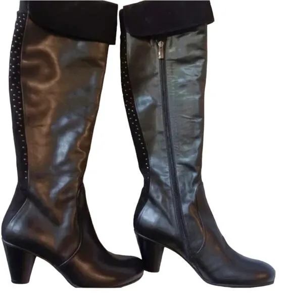 MELIN ITALY Knee High Boots Sz 36 BUTTERY LEATHER Cuffed Suede Studs Side Zipper