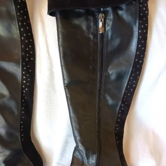 MELIN ITALY Knee High Boots Sz 36 BUTTERY LEATHER Cuffed Suede Studs Side Zipper