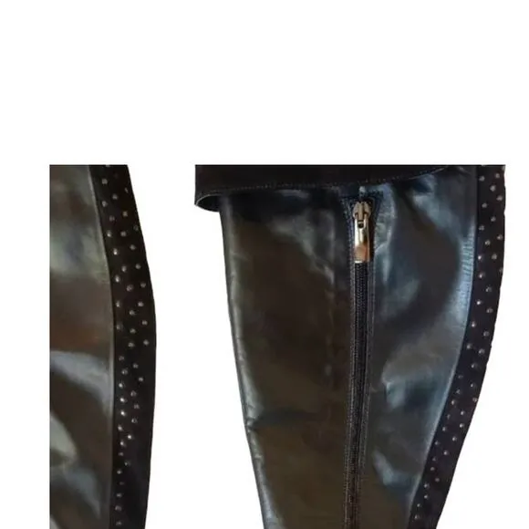 MELIN ITALY Knee High Boots Sz 36 BUTTERY LEATHER Cuffed Suede Studs Side Zipper