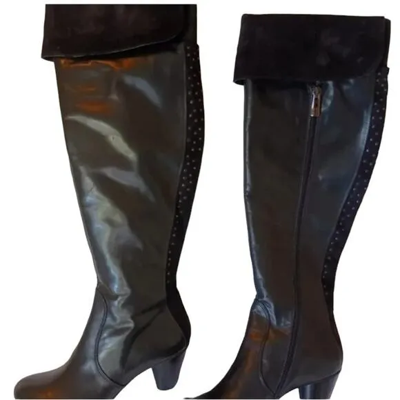 MELIN ITALY Knee High Boots Sz 36 BUTTERY LEATHER Cuffed Suede Studs Side Zipper