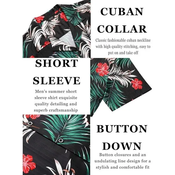 Men's Black-red Flower Casual Short Sleeve Button Down Textured Beach Shirts