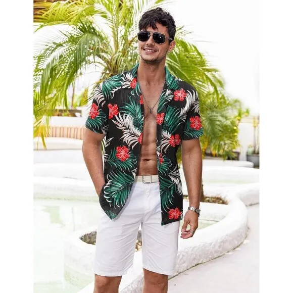 Men's Black-red Flower Casual Short Sleeve Button Down Textured Beach Shirts
