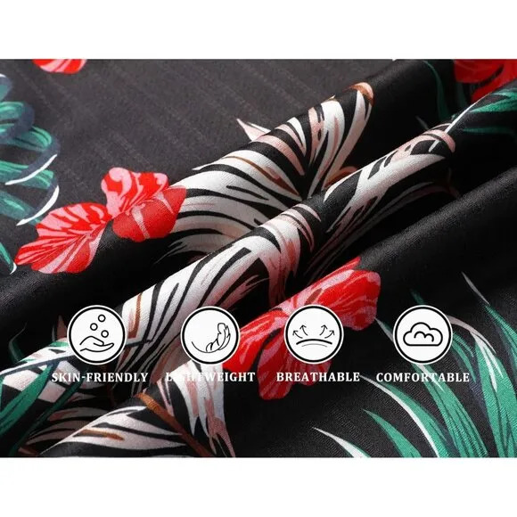 Men's Black-red Flower Casual Short Sleeve Button Down Textured Beach Shirts